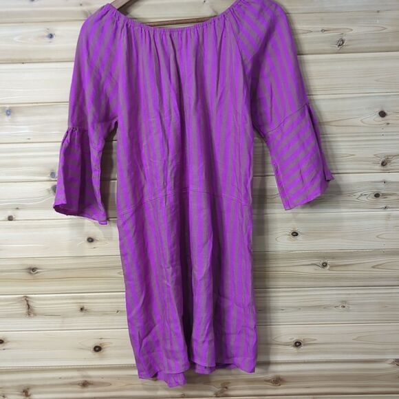 Free People Dress Womens Small Purple Folk Town Linen Blend Fuchsia Striped Mini - Picture 5 of 9